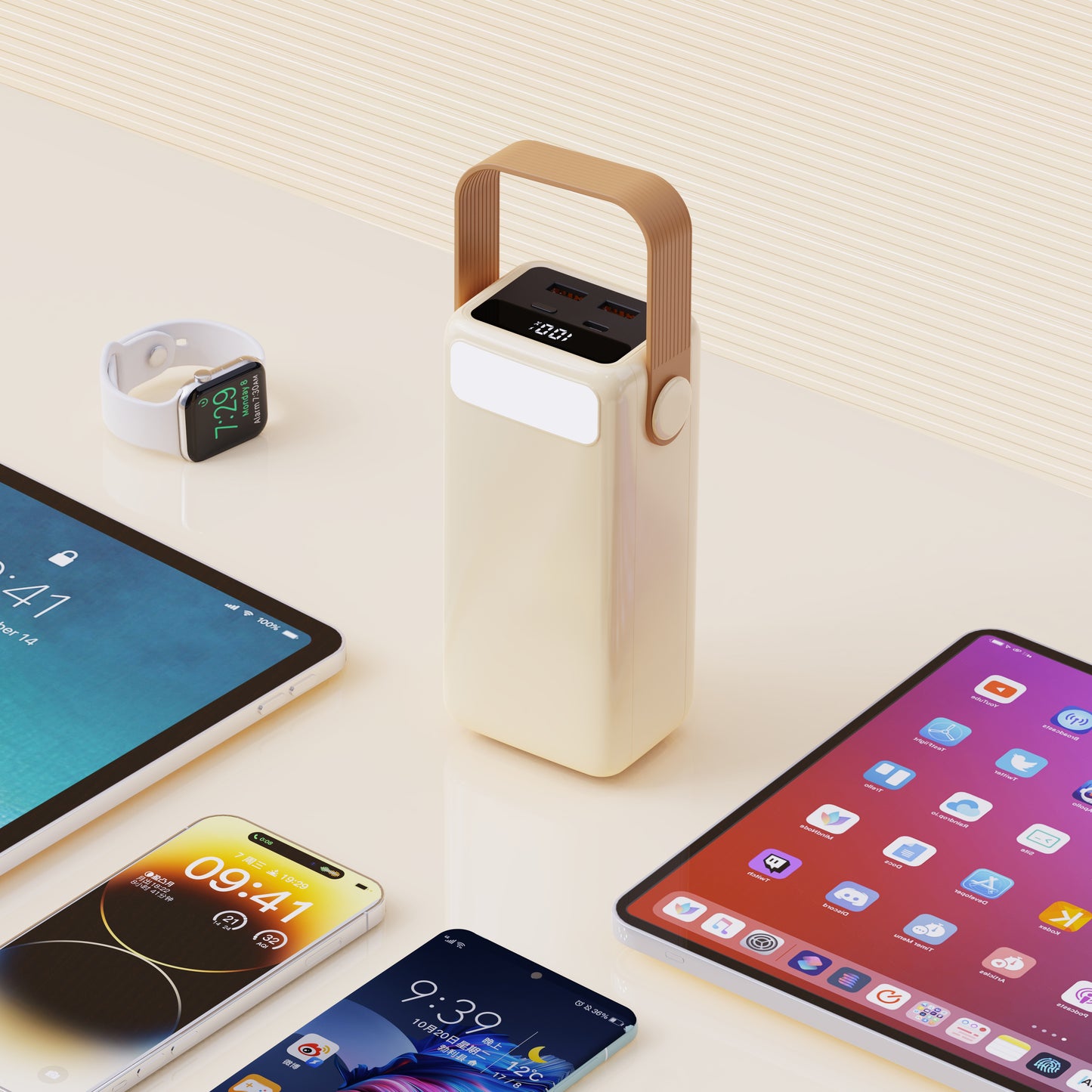 ITC-T2340,40000mAh Portable Power Bank with 65W PD Fast Charge, Built-in LED Light & Carry Handle